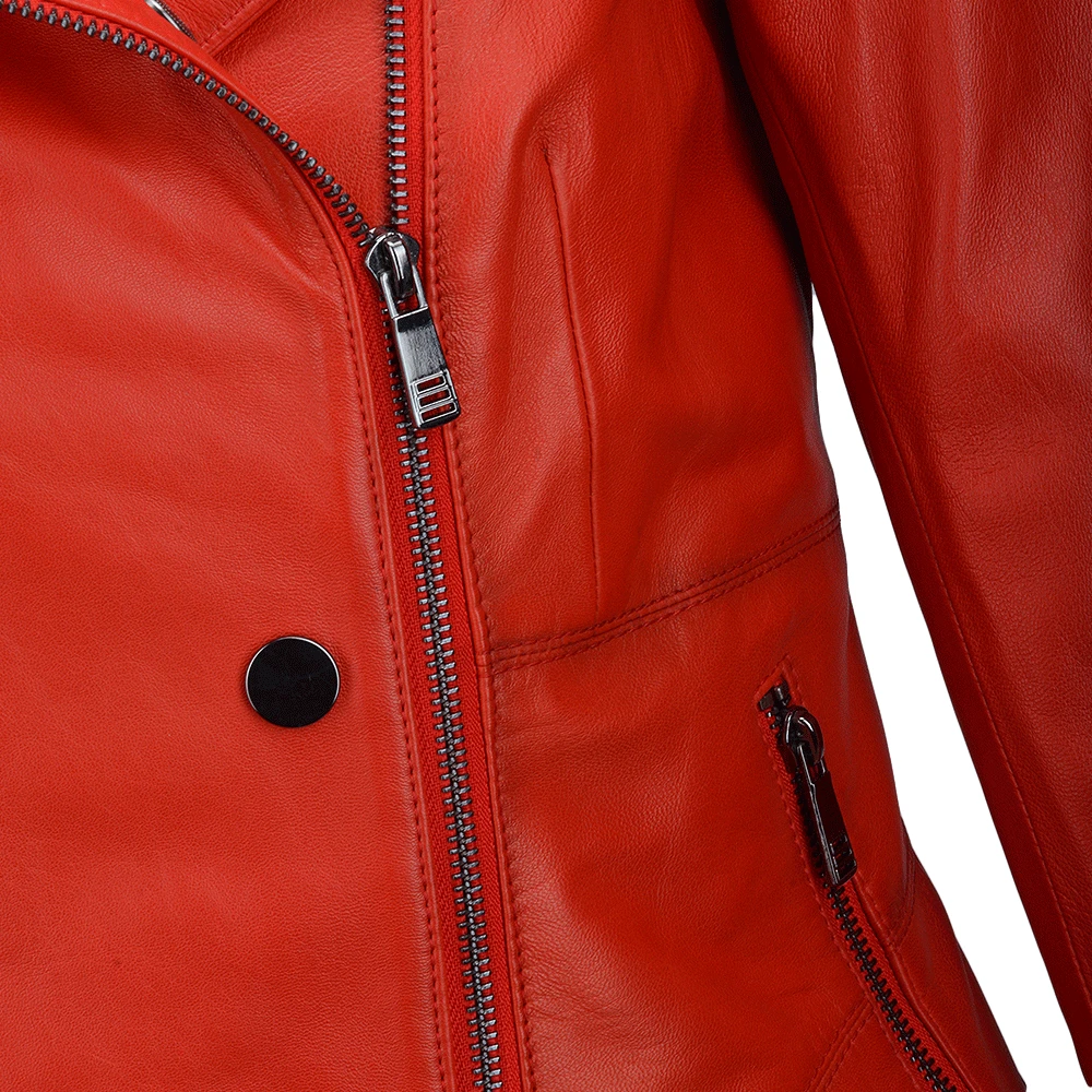 Vegetable Tanned Leather Biker Jacket Red : Rosabel - Image 4