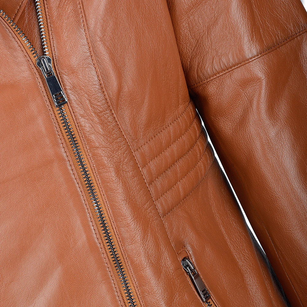 Vegetable Tanned Leather Biker Jacket Tan : Ballerina - Image 4