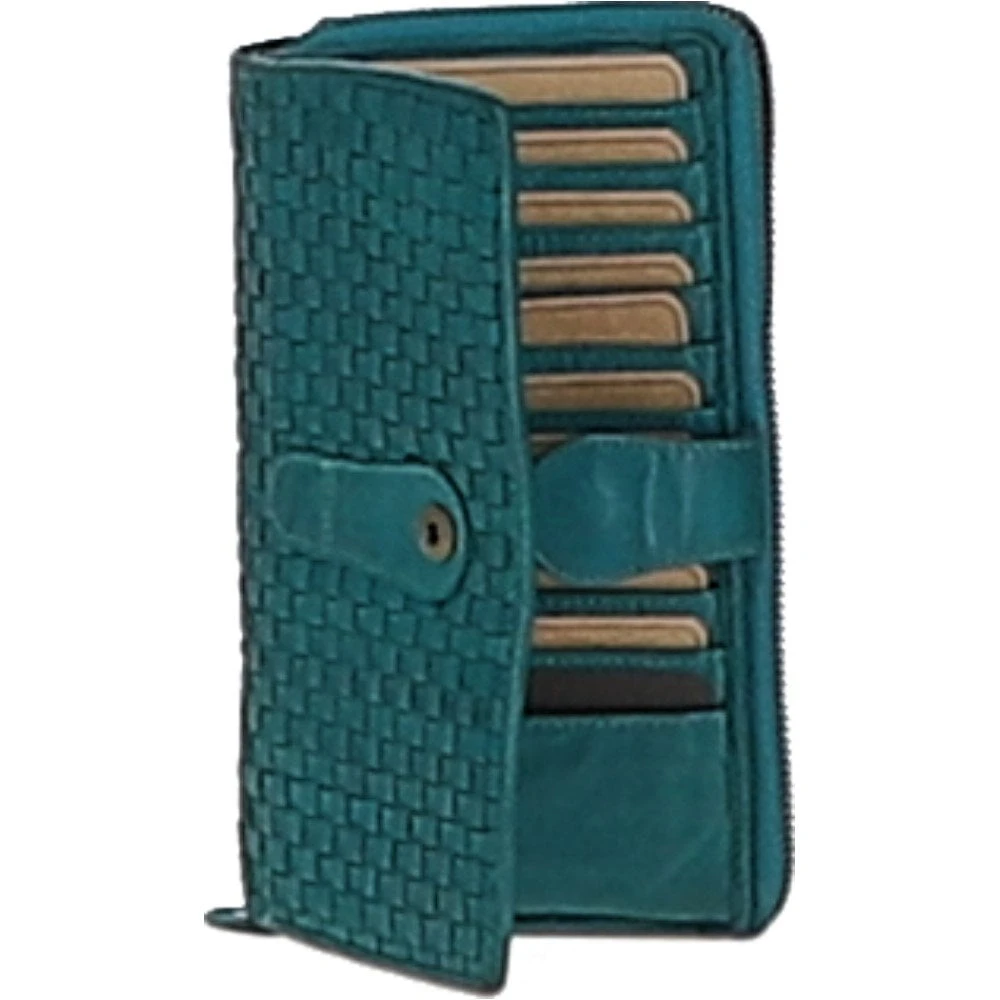 Vintage Woven Leather Zip Around Large 22 Card Coin Note Purse Turquise : D-84 - Image 4