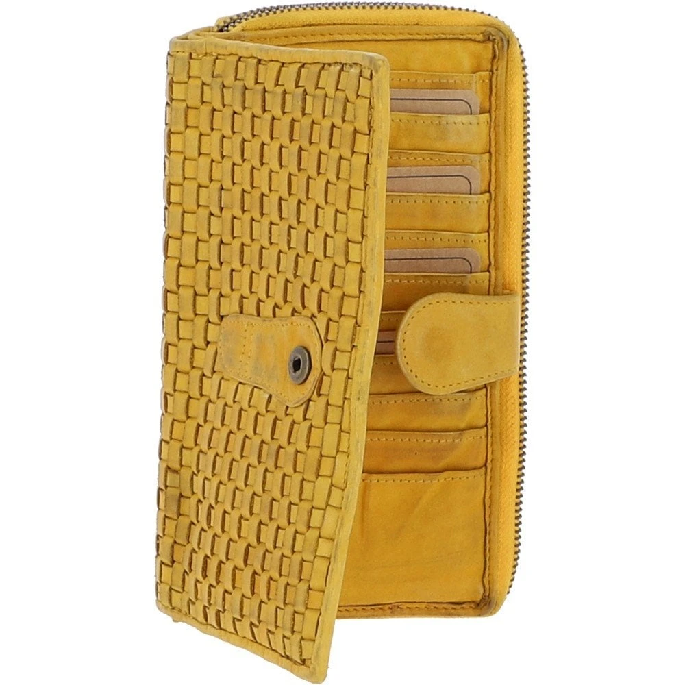 Vintage Woven Leather Zip Around Large 22 Card Coin Note Purse Yellow: D-84 - Image 4