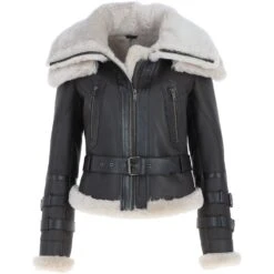 Womens Aviator Shearling Leather Jacket Brown/Cream: KB-451 DC