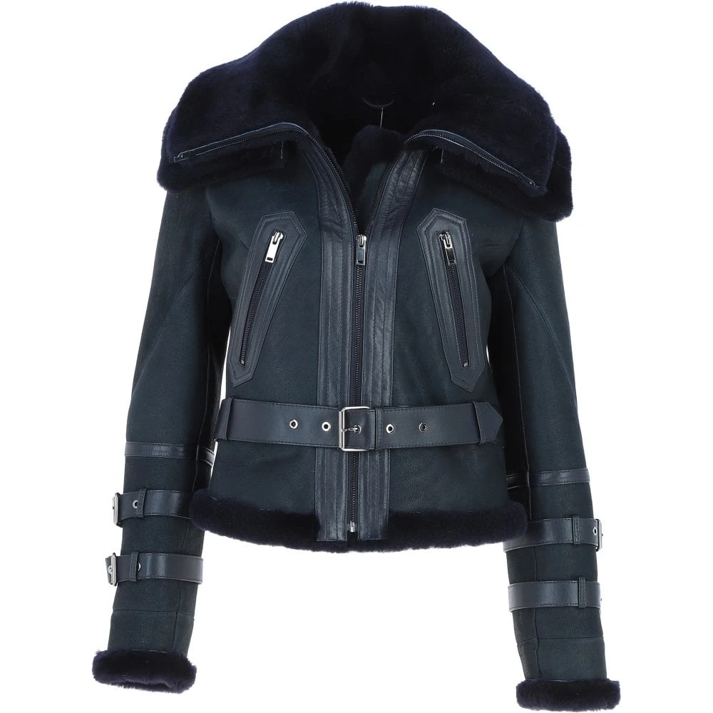 Womens Aviator Shearling Leather Jacket Ombre Blue: KB-451 DC