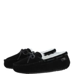 Women's Classic Suede Sheepskin Moccasin Slippers Black/White : Ladies Moccasins