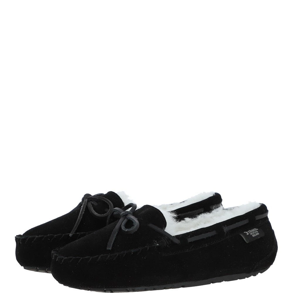 Women's Classic Suede Sheepskin Moccasin Slippers Black/White : Ladies Moccasins