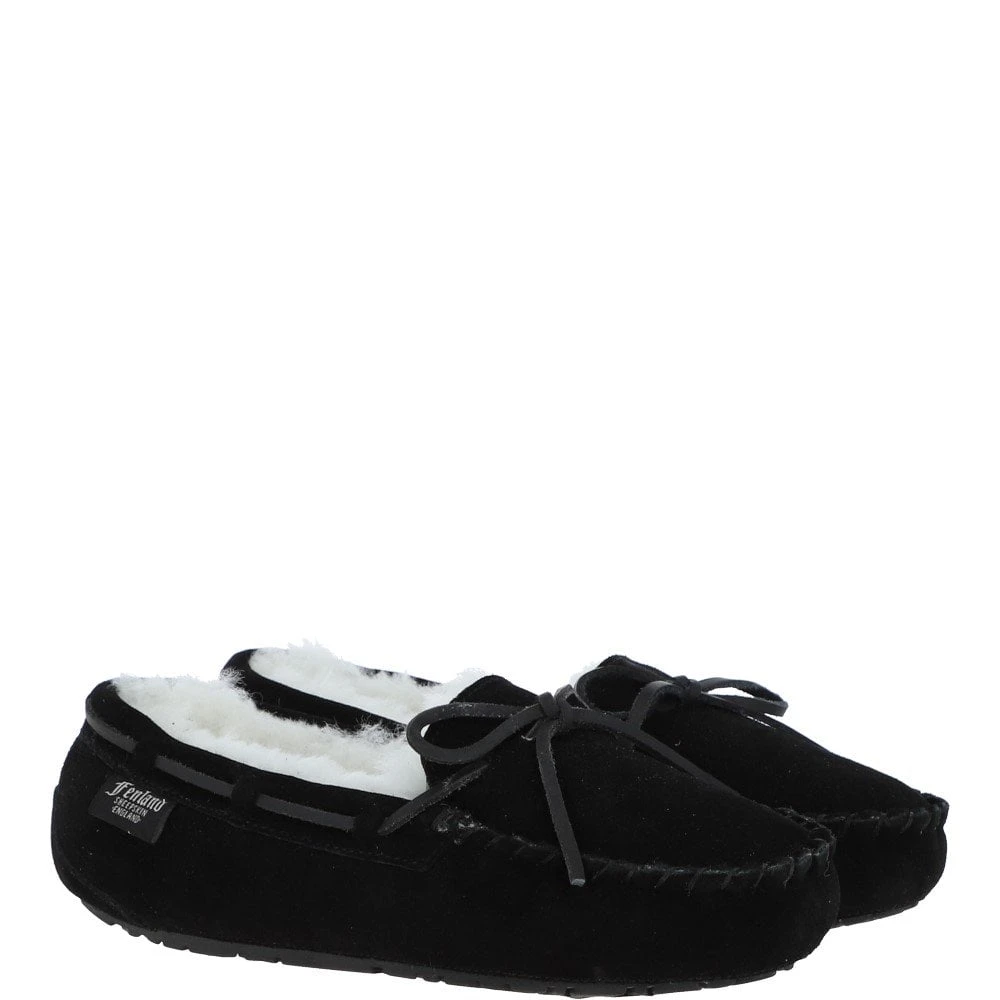 Women's Classic Suede Sheepskin Moccasin Slippers Black/White : Ladies Moccasins - Image 3