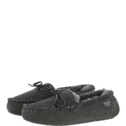 Women's Classic Suede Sheepskin Moccasin Slippers Grey: Ladies Moccasins