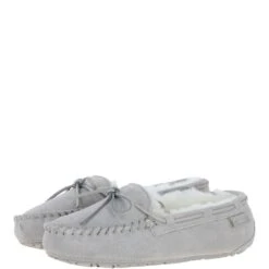 Women's Classic Suede Sheepskin Moccasin Slippers Light Grey : Ladies Moccasins