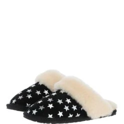 Women's Classic Suede Sheepskin Slippers Black/Silver: Fen-Ladies