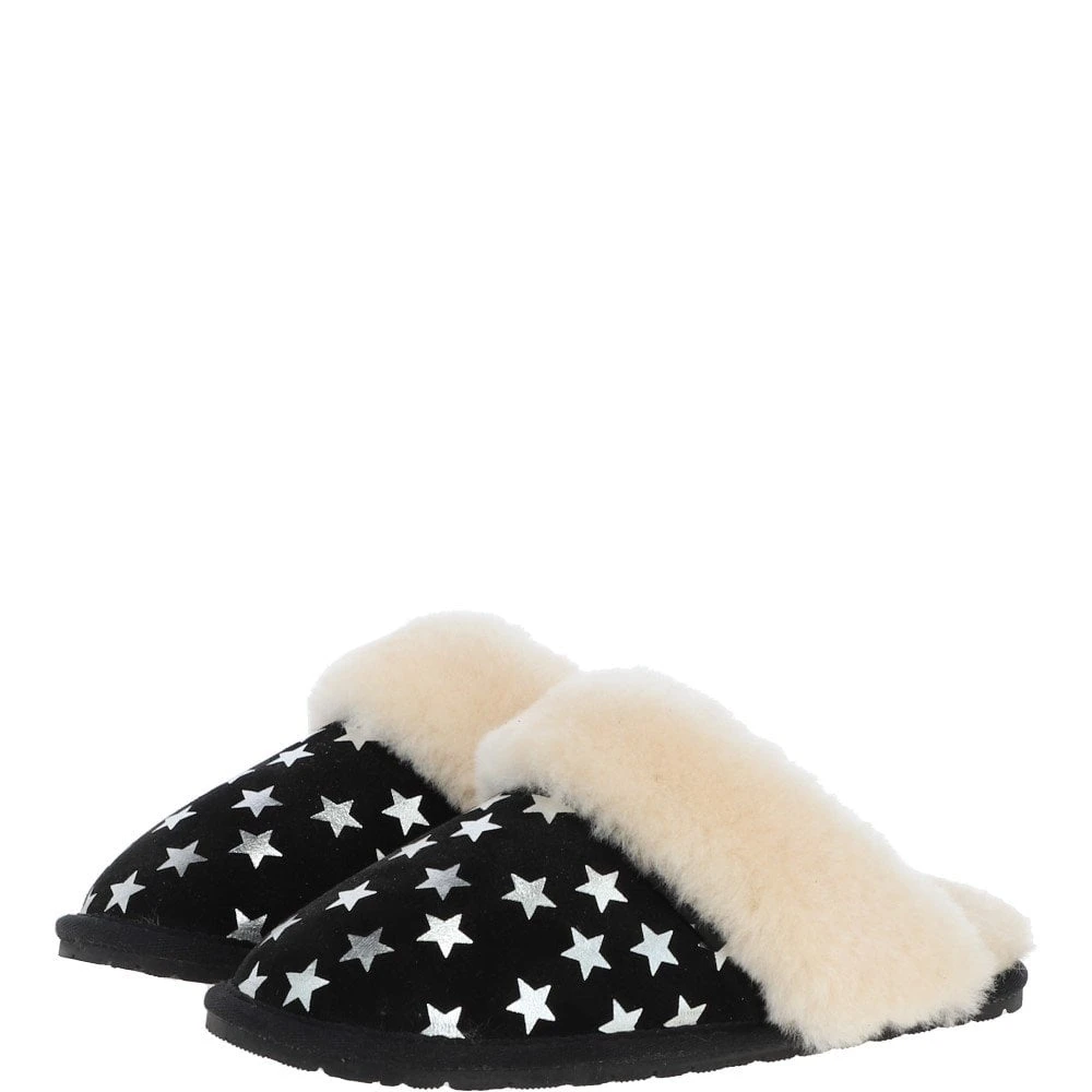Women's Classic Suede Sheepskin Slippers Black/Silver: Fen-Ladies