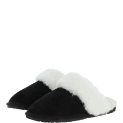 Women's Classic Suede Sheepskin Slippers Black/white : Fen-Ladies