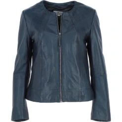 Womens Collarless Leather Jacket Navy/nap : Chambery