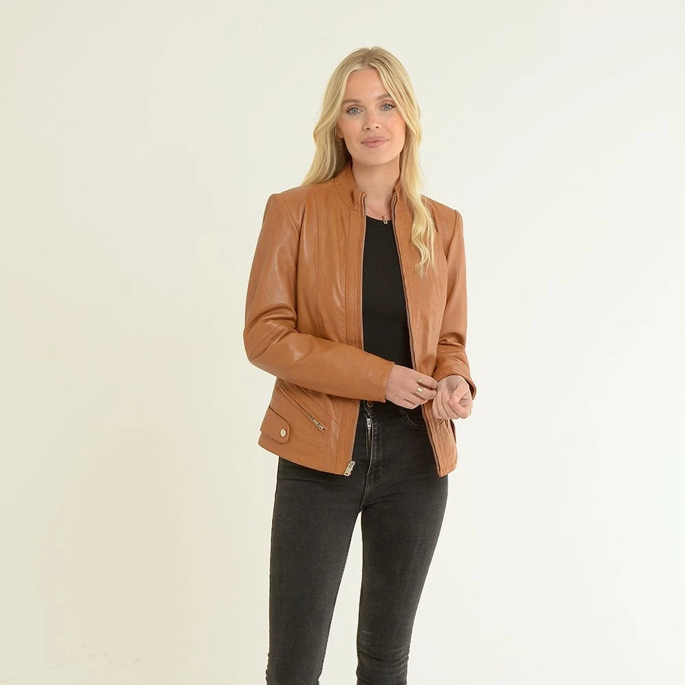 Women's Leather Jacket Tan: Alana 2 - Image 2