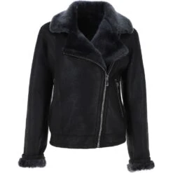 Womens Luxury Shearling Aviator Jacket Black/brissa: Alessa