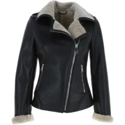 Womens Luxury Shearling Jacket Black/cream: Alayna