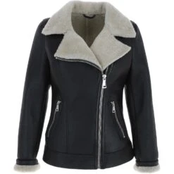 Womens Luxury Shearling Jacket Black/cream: P-48