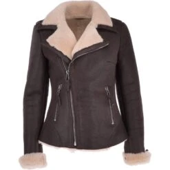 Womens Luxury Shearling Jacket Brown/Cream: Alayna