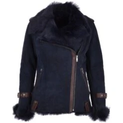 Womens Luxury Side Zip Toscana Suede Sheepskin Pilot Jacket Ombre Blue : Lyanna