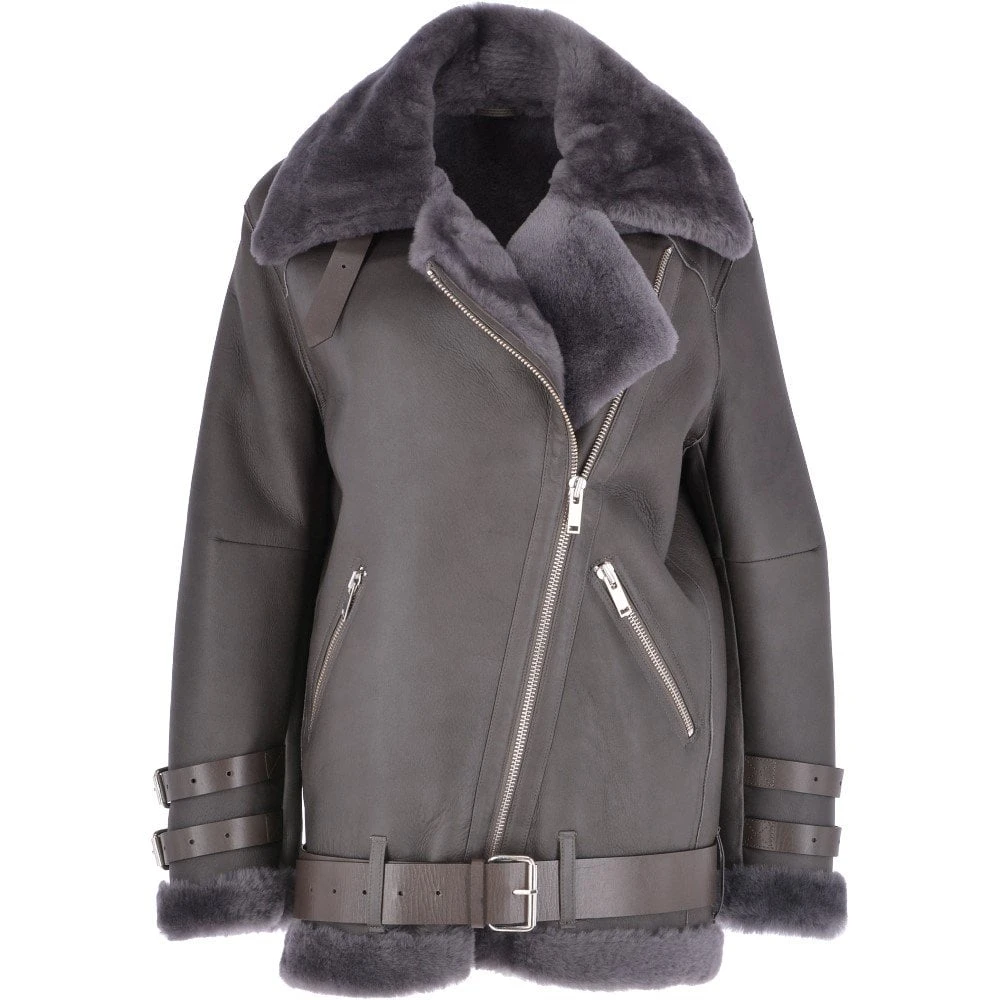 Womens Oversized Sheepskin Flying Jacket Grey : Khloe