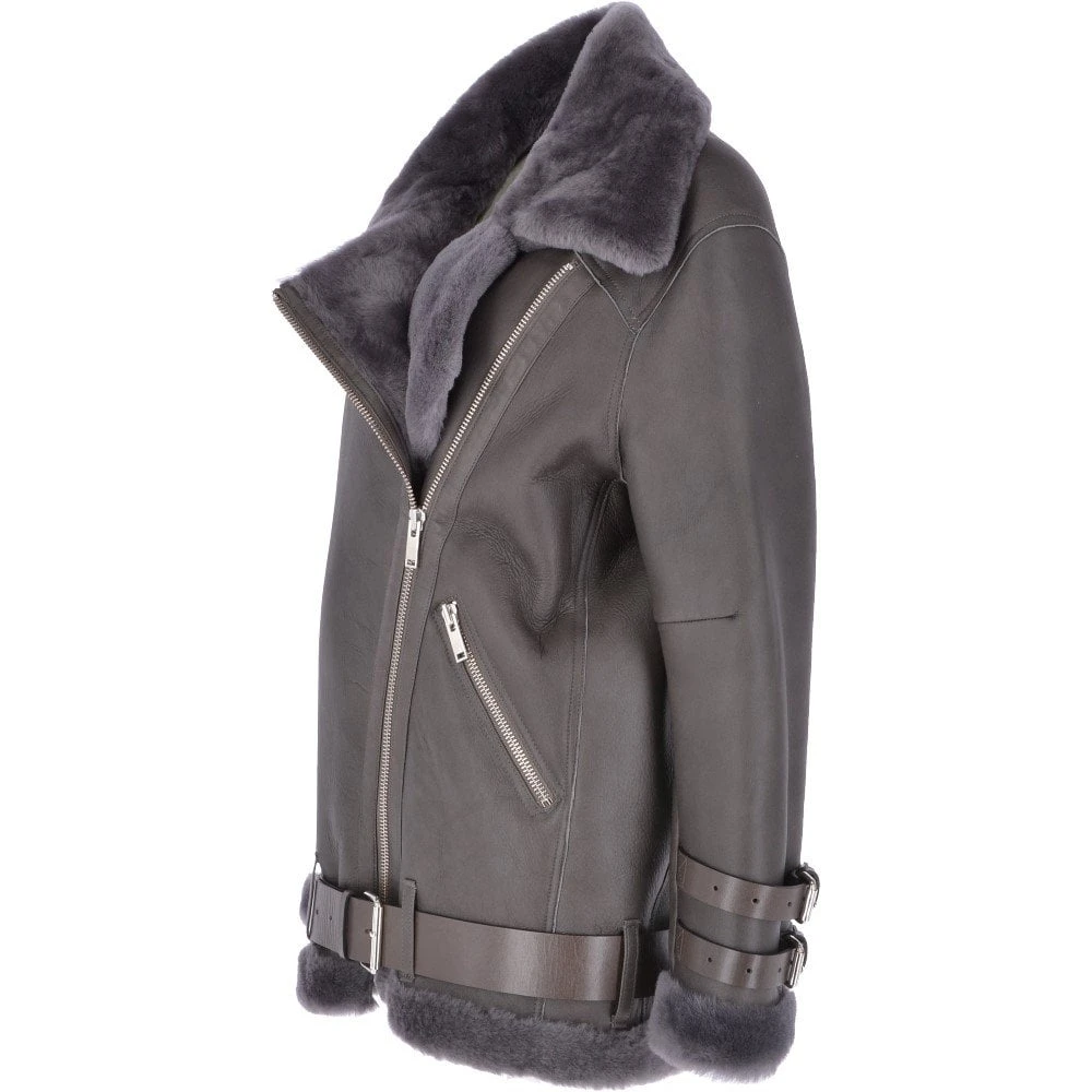 Womens Oversized Sheepskin Flying Jacket Grey : Khloe - Image 2