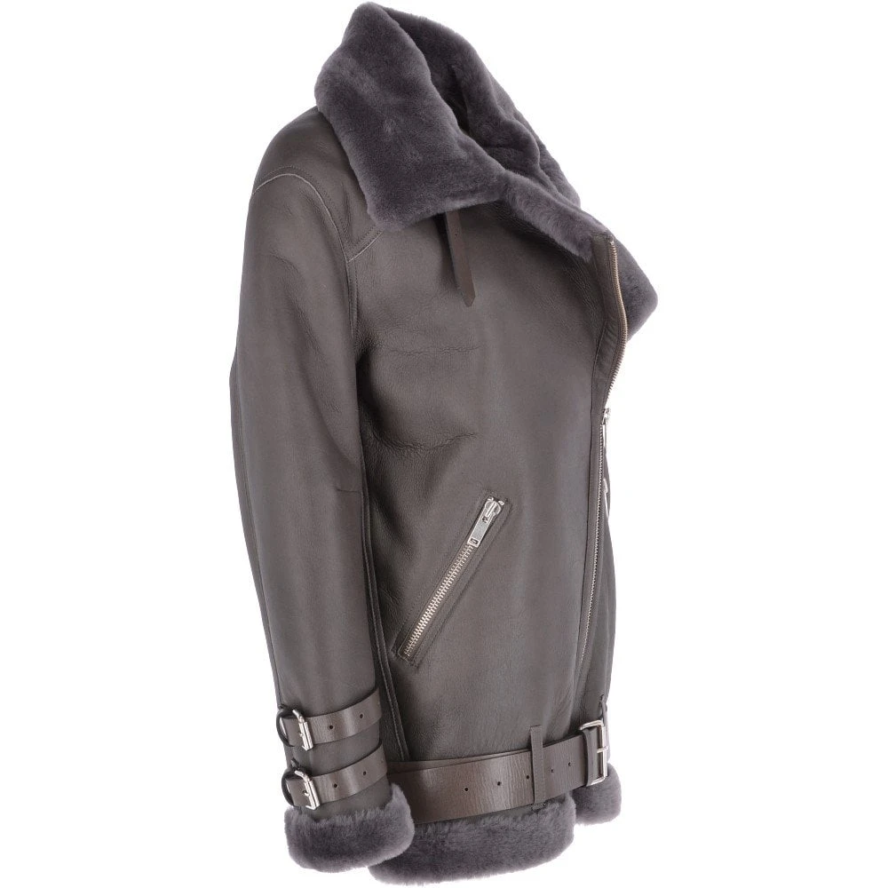 Womens Oversized Sheepskin Flying Jacket Grey : Khloe - Image 4