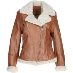 Womens Shearling Biker Jacket Cognac: 2418
