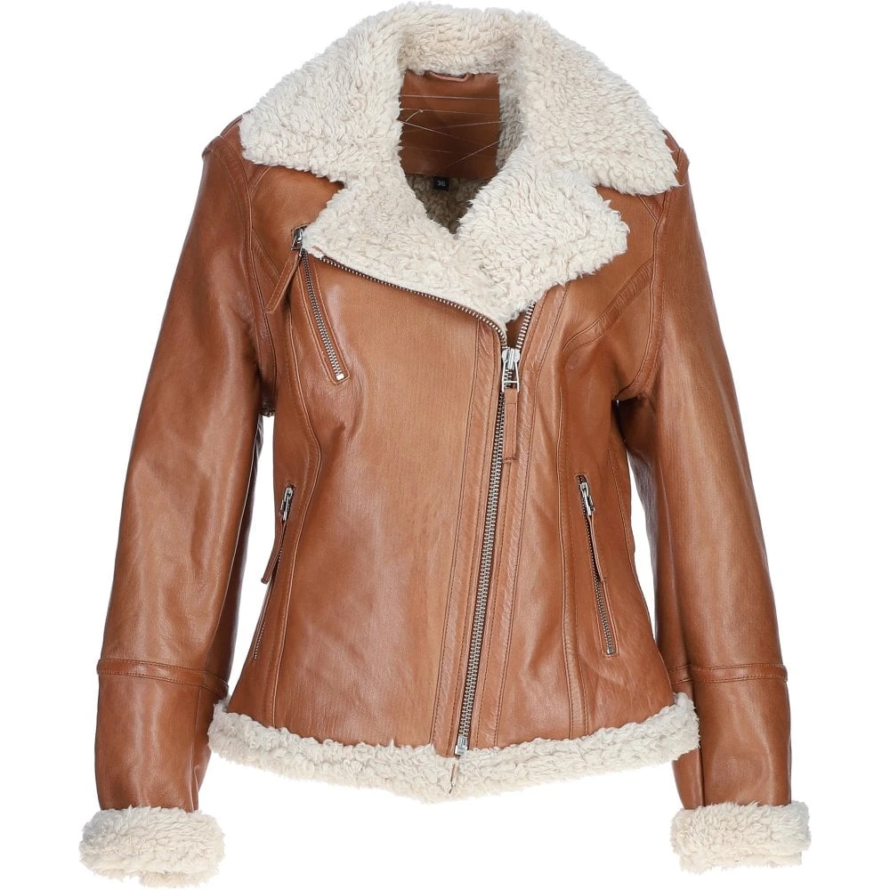 Womens Shearling Biker Jacket Cognac: 2418