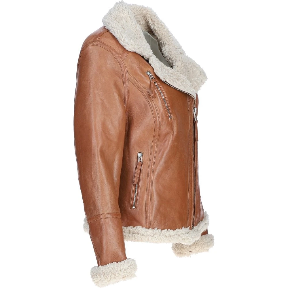 Womens Shearling Biker Jacket Cognac: 2418 - Image 5