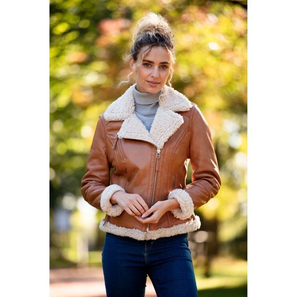 Womens Shearling Biker Jacket Cognac: 2418 - Image 2