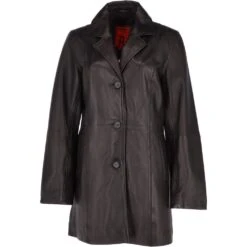 Womens Single Breasted Leather Coat Black/app : Bridget