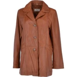 Womens Single Breasted Leather Coat Cognac/app : Eileen