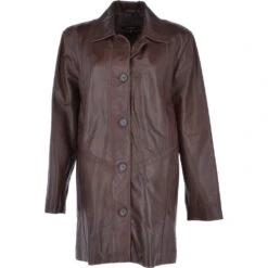 Womens Single Breasted Oversized Leather Coat Mid Brown/app : Fiona