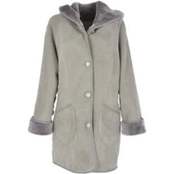 Womens Suede Sheepskin Hooded Coat Grey: Heather