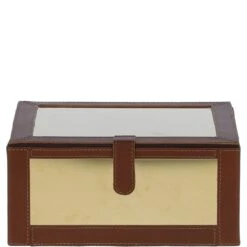 Wood And Aluminium Mirror Storage Box With Tan Leather Trim: AGC1854