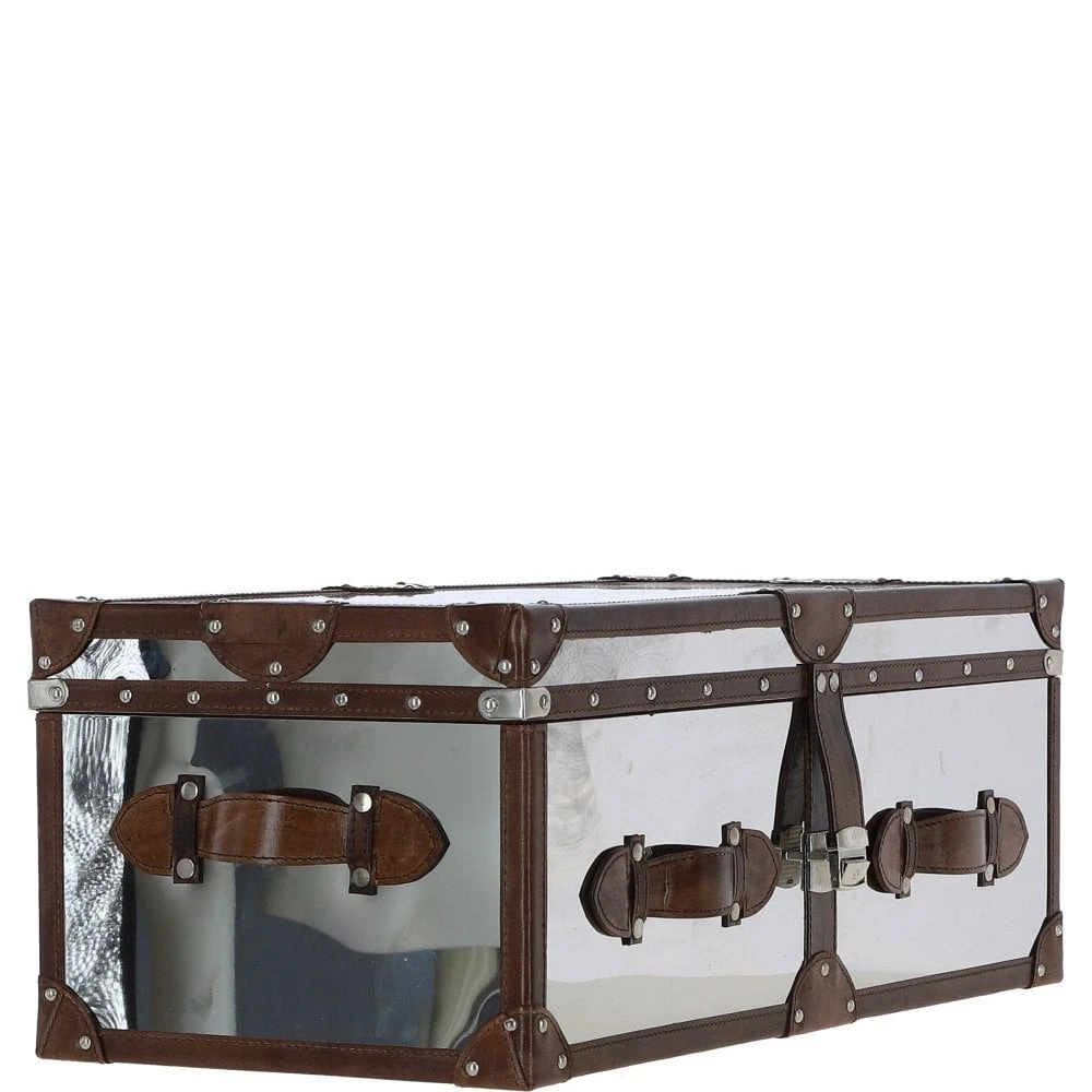 Wood And Aluminium Mirror Trunk With Brown Leather Trim And Stud Detailing: AGC 908 - Image 5