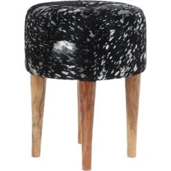 Wooden Legs Hair-on Cowhide Stool Black/Silver: AGC-18