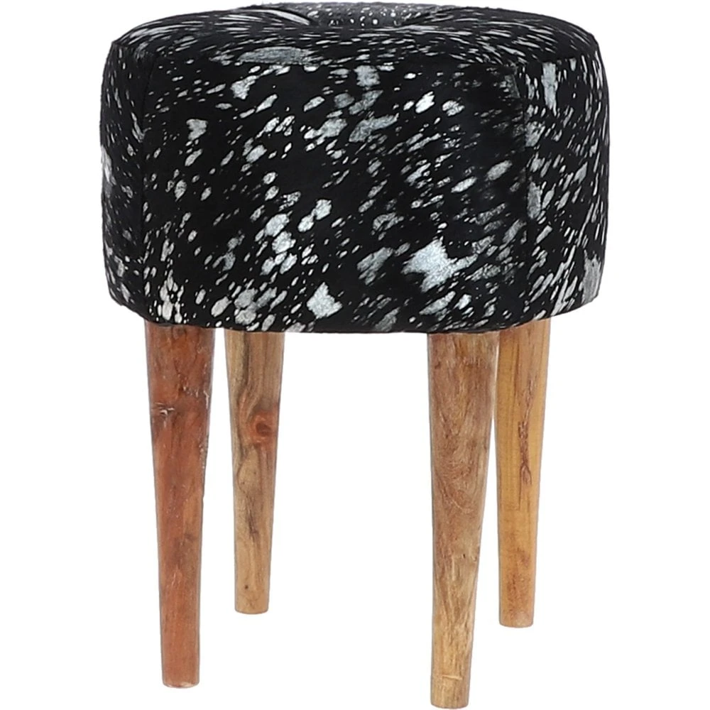 Wooden Legs Hair-on Cowhide Stool Black/Silver: AGC-18 - Image 2